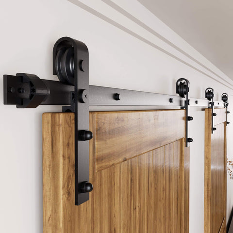 Black Rustic Non Bypass Sliding Barn Door Hardware Kit For Double Doors 11 Ft Flat Track With Classic Roller System