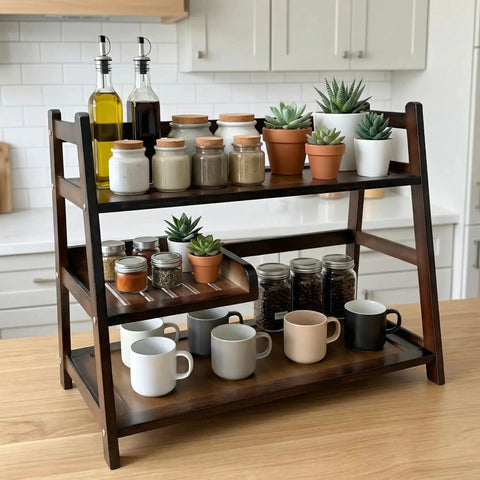 3 Tier Bamboo Matcha Station Organizer for Kitchen Countertop with cups, jars, and plants, ideal for home tea bar setup