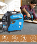 Beefy 2200 Watt Inverter Generator Portable Quiet Power For Home Backup Camping And Job Sites beside worker using drill