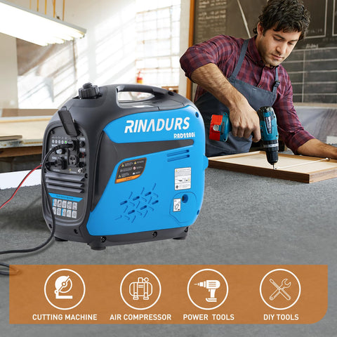 Beefy 2200 Watt Inverter Generator Portable Quiet Power For Home Backup Camping And Job Sites beside worker using drill