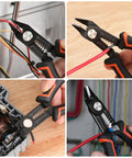 Wire Stripper And Cutters 6 Inch Tool cutting and stripping wires in various electronic setups, 10-22 AWG capacity.
