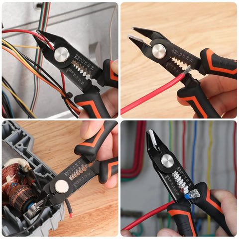 Wire Stripper And Cutters 6 Inch Tool cutting and stripping wires in various electronic setups, 10-22 AWG capacity.