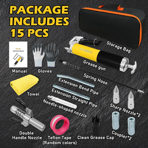 Heavy Duty Beefy 14Oz 15 Piece Pro Grade Grease Gun Kit With 7000 PSI Leak-Proof Spray Gun, 18 Inch Spring Hose, Yellow