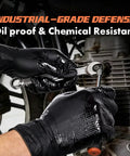 Thick 8 Mil Black Nitrile Gloves Heavy Duty Disposable Work Gear With Serious Diamond Grip Touchscreen Ready Oil Water Resistant All Day Flex Pack Of 100 Large Size used for wrenching on an engine.