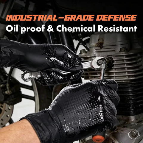 Thick 8 Mil Black Nitrile Gloves Heavy Duty Disposable Work Gear With Serious Diamond Grip Touchscreen Ready Oil Water Resistant All Day Flex Pack Of 100 Large Size used for wrenching on an engine.