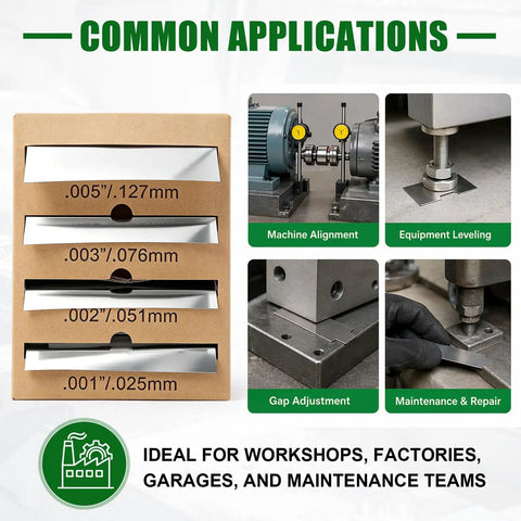 Pro Grade 301H Stainless Shim Stock Set showing 4 roll assortment, uses include machine alignment and maintenance.