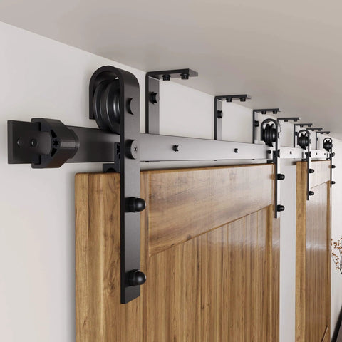 Black Rustic Ceiling Mount Sliding Barn Door Hardware Kit For Double Doors, 18ft Flat Track, Heavy Duty Steel Rails