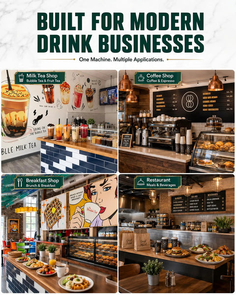 Shop Ready Full Automatic Boba Tea Cup Sealer Machine Crushes The Rush At 600 Cups An Hour in modern drink businesses.
