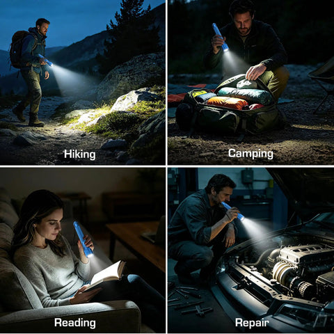 People using Ultra Bright Tactical Flashlight with 900 Lumen Zoomable Beam and Adjustable Focus for hiking, camping, reading, repair.