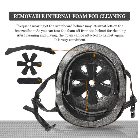 Interior of skateboard helmet showing removable foam for cleaning, part of Skateboard Helmet With High Impact Protection Reinforced ABS Shell Thickened EPS Core 11 Vent Airflow To Keep You Cool And Comfy Breathable Foam Fits Youth And Adults Black Large.