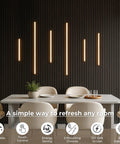 FTL CCT LED Recessed Lighting Kit, Wood Slat Wall Panel Lights 2700K-6000K installed on a dark paneled wall above a dining table.