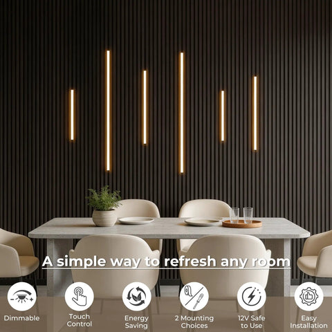FTL CCT LED Recessed Lighting Kit, Wood Slat Wall Panel Lights 2700K-6000K installed on a dark paneled wall above a dining table.