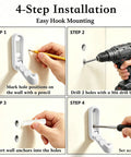 4-step installation guide for Tough As Nails Zinc Alloy Folding Wall Hooks showing marking, drilling, inserting, and screwing.