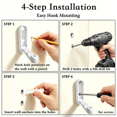 4-step installation guide for Tough As Nails Zinc Alloy Folding Wall Hooks showing marking, drilling, inserting, and screwing.