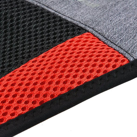 Close-up of Indoor Bike Trainer Sweat Net Guard Dual Layer Absorbing Catcher, detail of red and black mesh fabric.