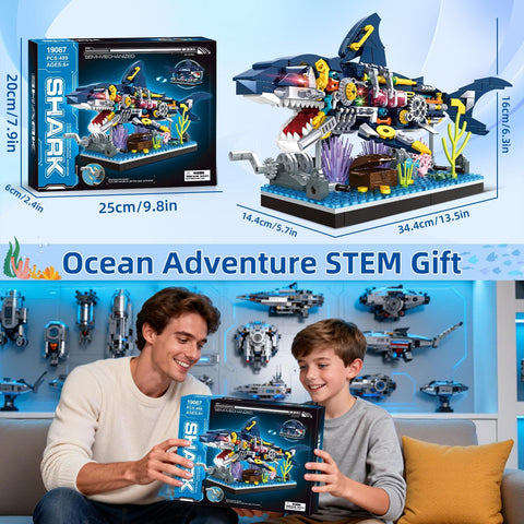 Semi Mechanical Shark Building Block Set With 499 Pieces For Ocean Landscape Creation, interactive tail swing, STEM gift display