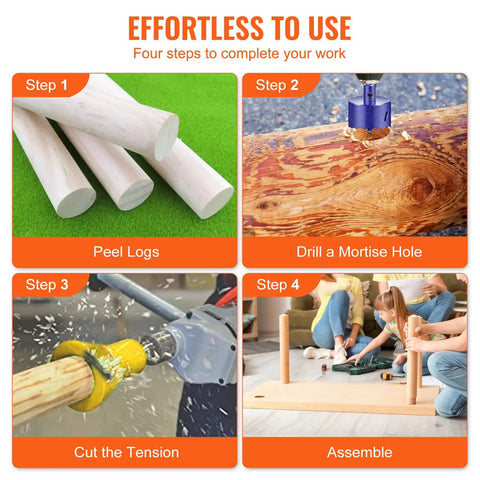 DIY Tenon Cutter Kit For Log Furniture Making With 1 Inch, 1.5 Inch And 2 Inch Blades in four-step usage guide image