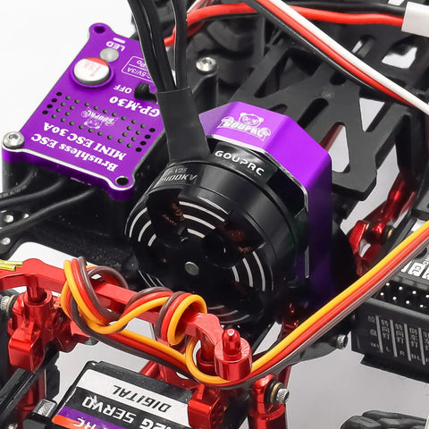 Close-up of Beefy Torque 2204 2400KV Brushless Outrunner Motor with Transmission and 30A Mini ESC on SCX24 chassis