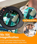 10X Magnifying Glass With Light And Stand showing 15X zoom on electronics circuit board, hands-free setup for precision work