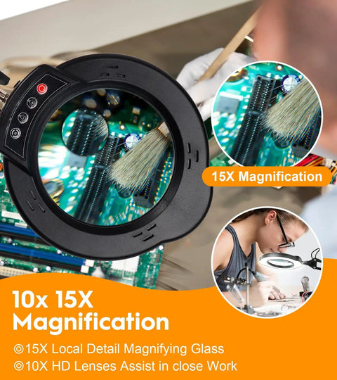 10X Magnifying Glass With Light And Stand showing 15X zoom on electronics circuit board, hands-free setup for precision work