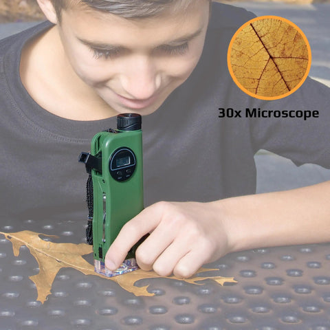 Kid Explorer 7 Function Optical Pocket Tool With 30x Microscope, 8x Telescope, 9x Fold Out Magnifier, Built In Flashlight, Signal Whistle, Compass And Digital Clock, Totally Fun Hands On Learning Gift For Curious Kids, green