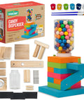 Candy Dispenser Woodworking Kit For Kids A Hands On STEM Building Project With FSC Certified Wood Paints And Tools Includes DIY Gumball Machine Craft For Boys And Girls Ages Six And Up box and materials