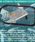 4L80E Automatic Transmission Filter Kit with Oil Pan Gasket depicted with hands positioning the kit on engine work surface