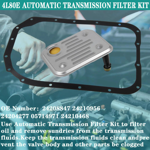 4L80E Automatic Transmission Filter Kit with Oil Pan Gasket depicted with hands positioning the kit on engine work surface
