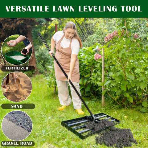 Person using Lawn Leveling Rake With 30x10 Ground Plate And 78 Inch Adjustable Handle Heavy Duty Steel Yard Tool