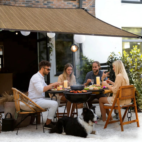Group dining under mocha 90 percent outdoor sun shade for patio 6 x 8 ft pergola canopy with grommets, garden setting