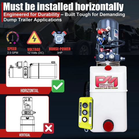 12V Dual Acting Six Quart Dump Trailer Hydraulic Pump With Poly Reservoir And Remote Controller Heavy Duty Hydraulic Power Unit For Dump Trailers Energy Efficient Gravity Down And Power Down Modes