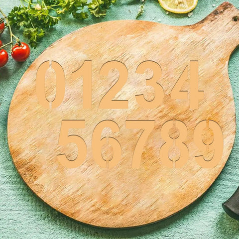 Premium Acrylic Letter And Number Router Templates Pack Of Six Hella Durable Woodcarving Stencils With Punctuation Marks Totally Legit For Any Diy Project Or Custom Engraving Job Measuring Roughly 7By2 Inches on wooden board with visible numbers.