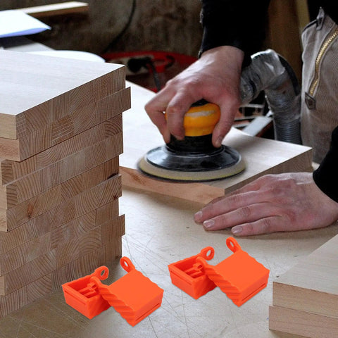 4 Piece Ratchet Woodworking Strap Clamp Blocks Set used in sanding wood surfaces, orange blocks visible in foreground