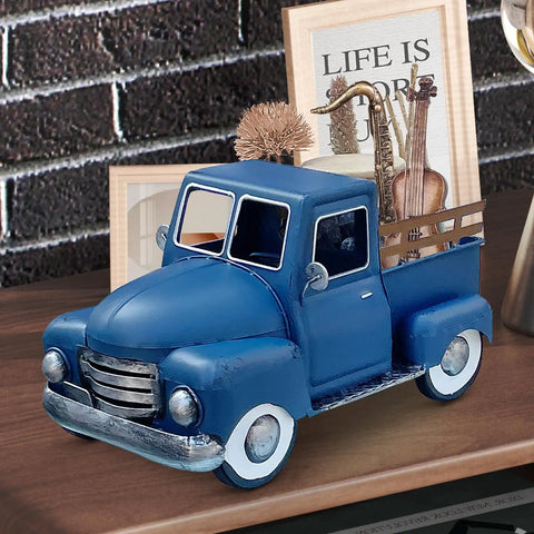 Old School Blue Metal Truck Planter Decor For Farmhouse Tables And Desks Rustic Country Style Shelf Decor Classic Pickup
