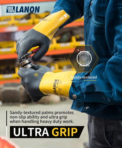 Person wearing Thick PVC Chemical Gloves For Heavy Duty Work Non Slip Grippy Dexterity Acid Alkali And Oil Resistant EN 374 388 Certified Large Size Durable Rubber Construction Built For Tough Jobs And Reusable, manipulating a tool.