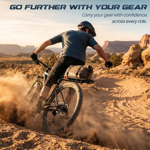 Cyclist using Adjustable Rear Bike Carrier Rack With 20Lb Capacity Universal Extendable Aluminum Cargo Rack on rugged terrain