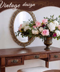Wooden dresser with vintage mirror and Antique Brass Cabinet Knobs 10 Pack With Backplates, floral arrangement in vase