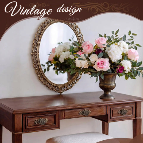 Wooden dresser with vintage mirror and Antique Brass Cabinet Knobs 10 Pack With Backplates, floral arrangement in vase