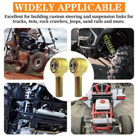 7/8-14 Right Hand 4130 Chromoly Rod Ends with 9/16 Bore for Steering Tie Rods displayed with vehicles for off-road applications.