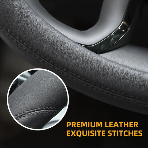 Close-up of Microfiber Leather Steering Wheel Cover Universal 15 Inch Black For Any Car showing premium leather and stitching detail.