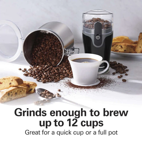 Fresh Grind Electric Coffee Grinder with beans and coffee cup, stainless steel blades, removable grinding chamber, black color.