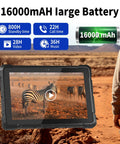 Rock Solid Rugged Tablet Running Windows 11 With IP67 Waterproof Body Packing A Bright 10 Inch Screen displays 16000mAh battery info outdoors.