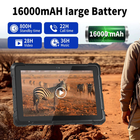 Rock Solid Rugged Tablet Running Windows 11 With IP67 Waterproof Body Packing A Bright 10 Inch Screen displays 16000mAh battery info outdoors.