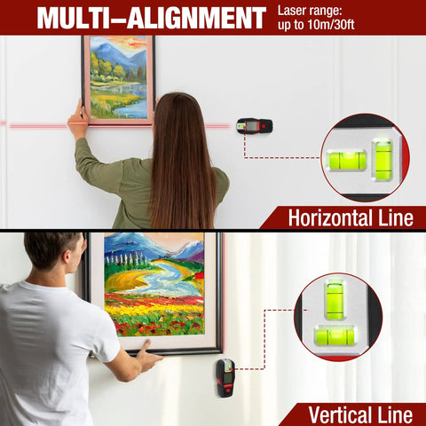 Two In One Stud Finder With Laser Level For Accurate Wall Scanning Rechargeable Pro Grade Stud Sensor With Built In Level Ideal DIY Home Improvement Tool For Locating Studs Pipes And Electrical Lines Quickly And Safely. Wall art alignment with horizontal and vertical laser lines