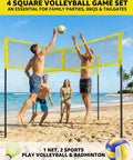 Four Square Volleyball Game Set With 4 Way Cross Net for Backyard And Beach Portable Outdoor Volleyball and Badminton Combo Net for Four Players Includes Carrying Bag in use on a beach.
