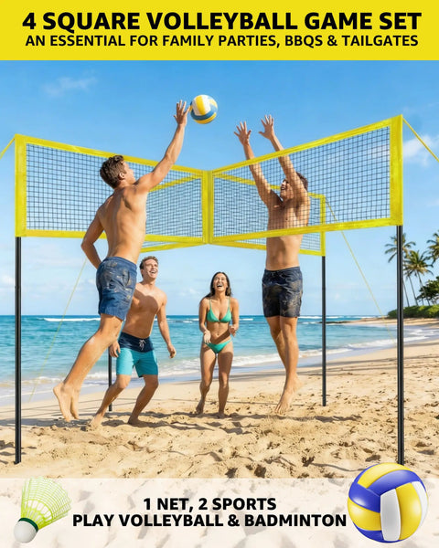 Four Square Volleyball Game Set With 4 Way Cross Net for Backyard And Beach Portable Outdoor Volleyball and Badminton Combo Net for Four Players Includes Carrying Bag in use on a beach.