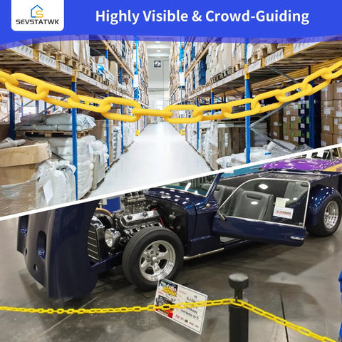 Go-To Yellow Plastic Chain 25 Ft 1.42 Inch Link High Visibility Barrier for Crowd Control in warehouse and event setting