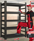Man placing toolbox onto Beefy Heavy-Duty Metal Shelving Unit, 5-Tier Adjustable Garage Storage Rack, 72 Inch Tall, in warehouse.