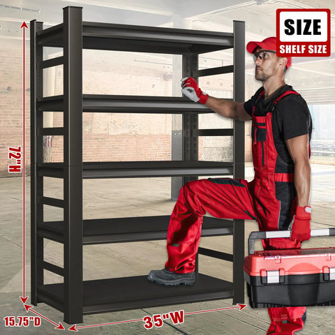 Man placing toolbox onto Beefy Heavy-Duty Metal Shelving Unit, 5-Tier Adjustable Garage Storage Rack, 72 Inch Tall, in warehouse.