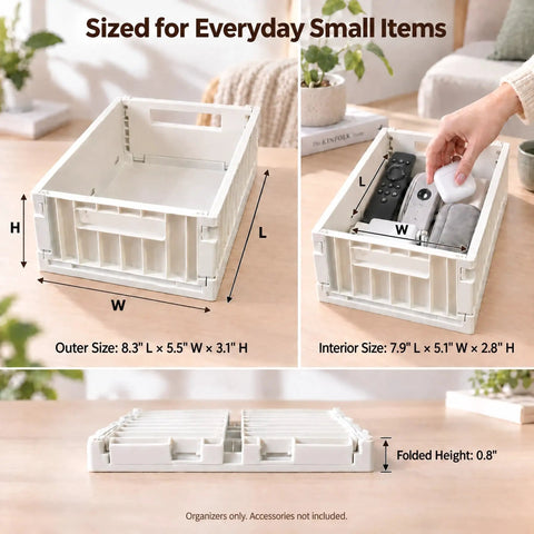 Top Shelf Foldable Storage Bins Four Pack Hella Space Savers For Tiny Apartments Dorm Rooms And Closets Easy Flat Fold Plastic Organizer Crates With Secure Lids Beige dimensions and usage for small items